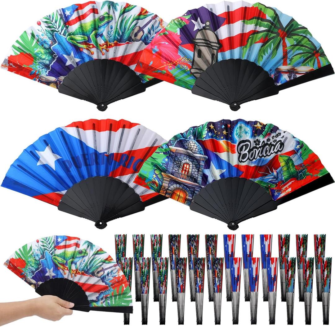 12 Pcs Puerto Rican Gifts Fabric Puerto Rico Flag Hand Fans Bulk Tropical Island Flag Backdrop Night Moon Castle Flowers Caribbean Culture Handheld Fan for Rico Party Decoration