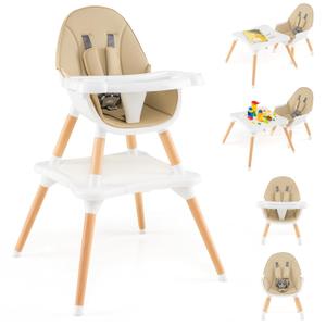 HONEY JOY Baby High Chair, 6-in-1 Convertible Wooden Highchair for Babies and Toddlers/Building Block Table, Toddler Dining Chair w/Safety Harness, Removable Feeding Tray & Seat Cushion (Khaki) 