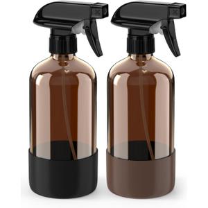 Bontip Glass Spray Bottle with Silicone Sleeve Protection, Amber Glass Spray Bottle Set for Window Cleaner Aromatherapy Facial Hydration Watering Flowers Hair Care 2 Pack/16 oz (Black & Brown)