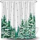 Winter Christmas Forest Shower Curtain Pine Tree Snowflake Misty Snowy Jungle Xmas Tree Snow Scene Rustic Holiday Nature Scenery Fabric Bath Curtain with Hooks