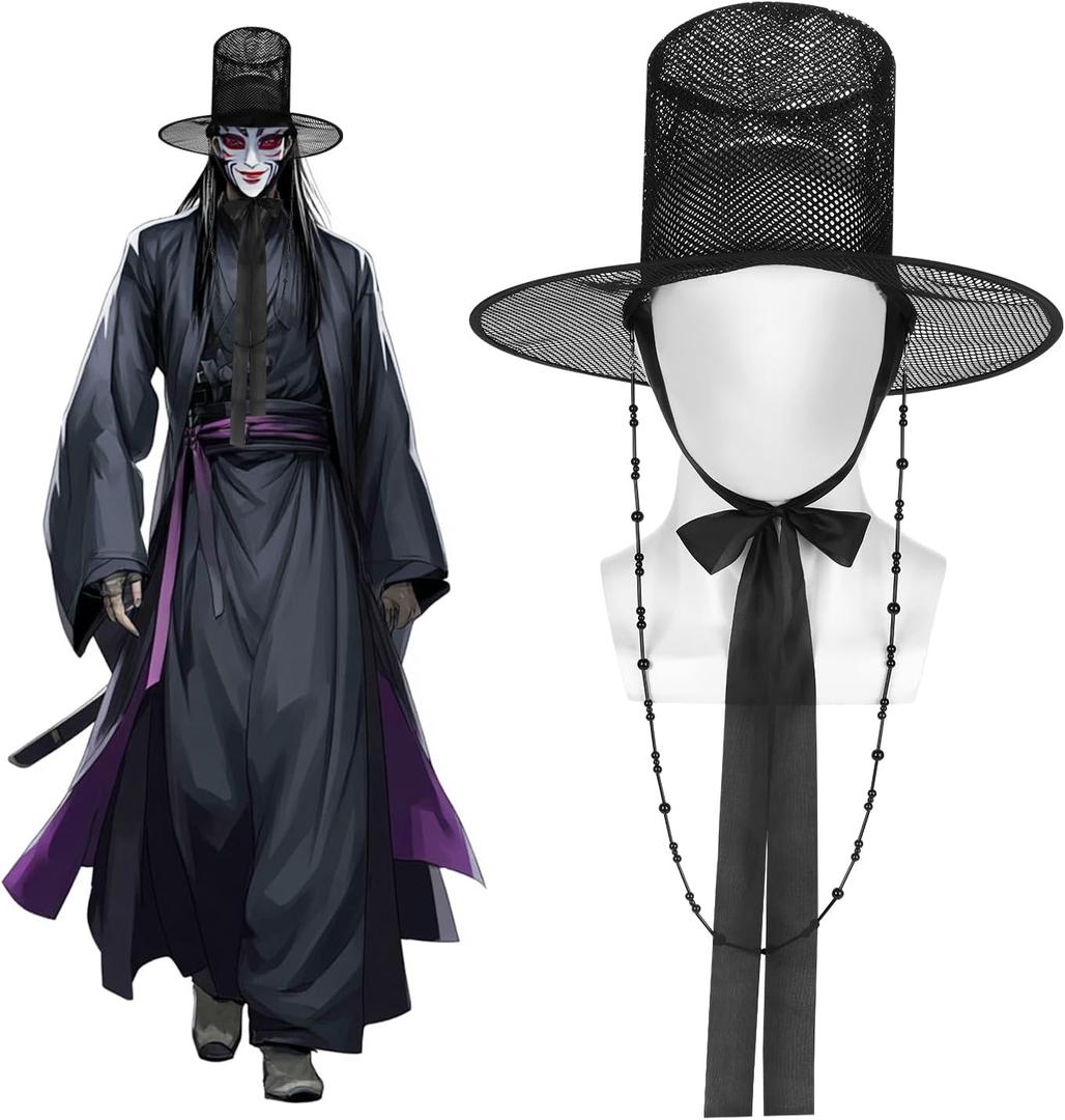 Korean Traditional Black Mesh Gat Hat with Beaded Chains & Ribbon, Kpop Costume Idol Cosplay Hat for Men, Halloween Party & Stage Performance