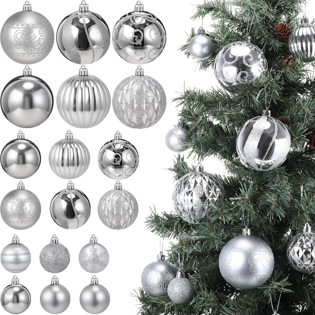 Soulchen 36 Pcs Christmas Balls Ornaments Bulk 3.15''/2.36''/1.57'' Silver Christmas Tree Decorations Glitter Xmas Decorative Hanging Ornaments Luxury Home Decor for Xmas (Silver and Gold)
