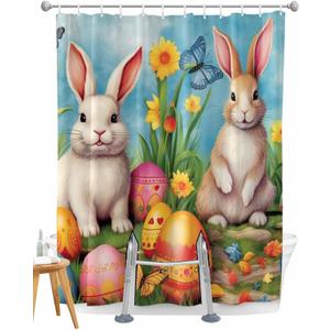 Easter Split Shower Curtain for Transfer Bench, Spring Rabbit Eggs Washable Fabric Bathroom Curtain Bunny Butterfly Flowers Bath Curtain with 2 Vertical Away Slits, 12 Hooks, 72''x72'' (Blue Yellow)