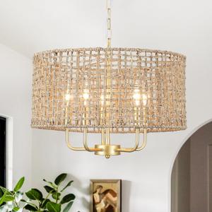 Rattan Woven Boho Chandelier Light Fixture for Dining Room 5 Light, 18.8'' Gold Hand Woven Drum Wicker Light Fixture Ceiling Hanging, Coastal Rattan Pendant Light for Living Room Entryway Bedroom