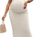 OYOANGLE Women's Maternity Mock Neck Sleeveless Ruched Dress Pregnancy Bodycon Maxi Tank Dresses Baby Shower Photoshoot (Large, Apricot)