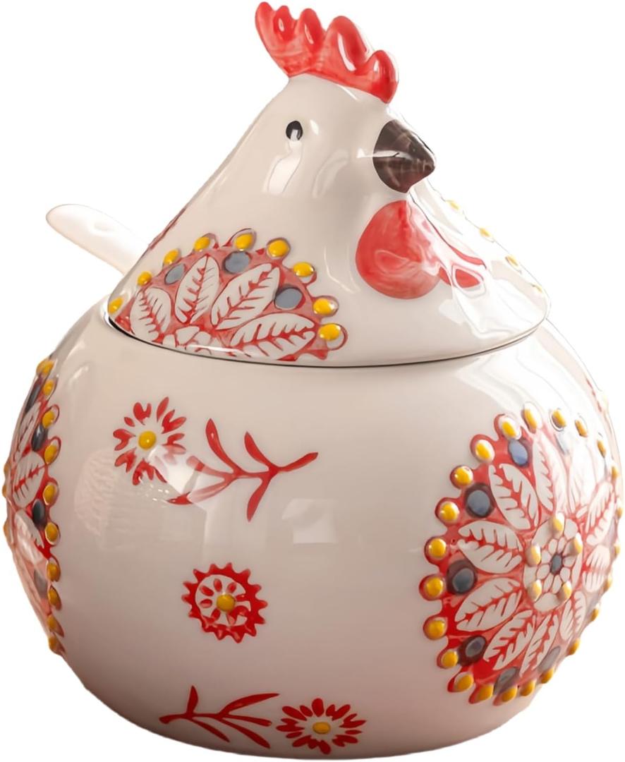 Ceramic Salt Cellar with Lid and Spoon, 13 OZ Large Chicken Salt Jar, Salt Holder for Counter, Coffee, Sugar, Spices and Candies, Salt Containers for Countertop (Red)