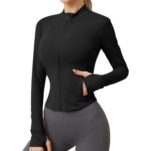 AKEWEI Womens Zip Up Workout Jackets Lightweight Athletic Slim Fit Track Jacket with Inner and Outer Pockets and Thumb Holes (Small, Black)