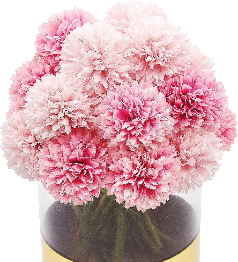 20Pcs Artificial Silk Chrysanthemum Ball Plants Fake Mums Flower Arrangements Wedding Bouquets Decor Home Kitchen Garden Party Table Floral DIY (Light Pink&Dark Pink)