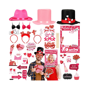 34 Pcs Valentine's Day Photo Booth Props Kit Red Pink Celebrate Valentine Day Photo Props Funny Hat Glasses Headbands Kiss Wine Flower Photos Frame for Photoshoot Fun Wedding Party Decoration