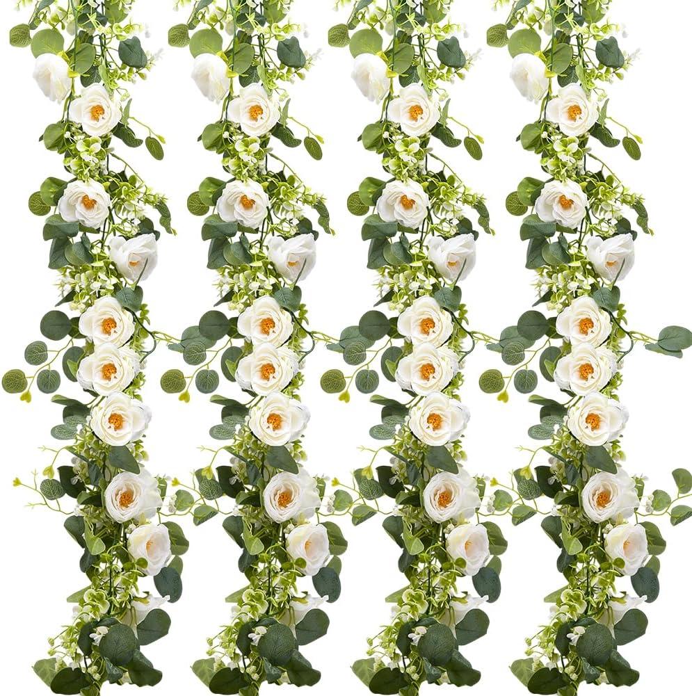 6Pcs 35Ft Eucalyptus Garland with White Rose Flowers, Faux Greenery Garland Vines, Artificial Flower Garlands for Wedding Table Backdrop Arch Wall Party Ceremony Decorations