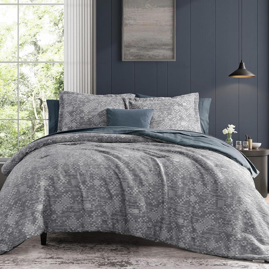 MaiRve Full Size Comforter Set Navy Blue, Crinkle Textured Design Bedding Set 7 Pieces Bed in A Bag, All Season Farmhouse Comforter Set with Sheets, Pillowcases & Shams