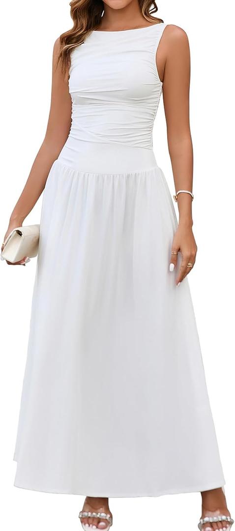 EYNMIN Summer Sleeveless Long Dress Crewneck Ruched Tank Flowy A Line Casual Formal Wedding Guest Dresses for Women (White, L)