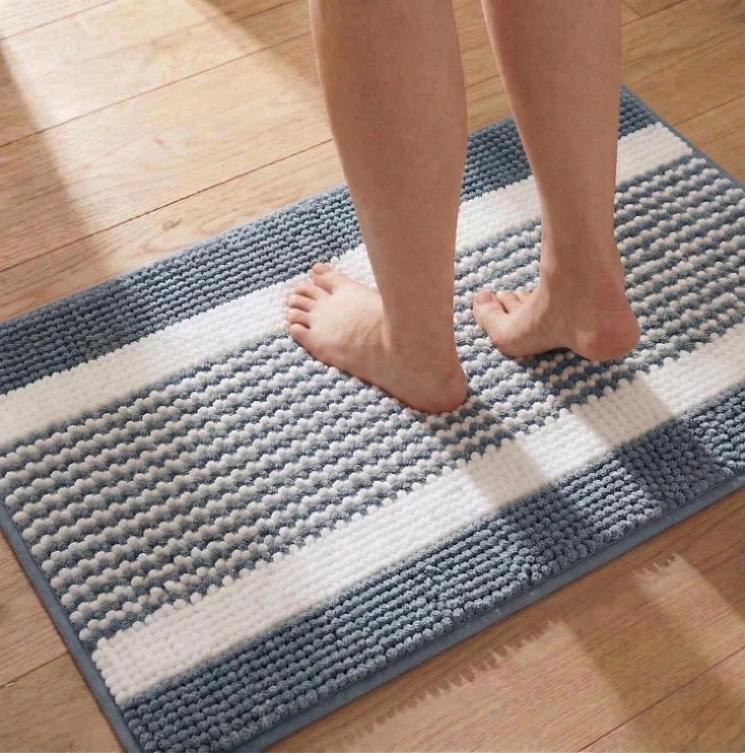 Bath Mats for Bathroom Non Slip Washable, Absorbent Quick Dry Bathroom Mat with Durable Hot Melt Adhesive Backing, Chenille Floor Mat for Tub, Shower, Sink, Medium (30" x 18"), Navy&White Block Stripe
