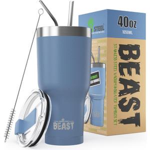 Beast 40 oz tumbler - Vacuum Insulated Tumbler with Straw - Leak Proof Stainless Steel Travel Mug - Double Wall Iced Coffee Cup - Reusable Water Bottle - Gifts for Mom, Women and Men (Stormy Sky Blue)