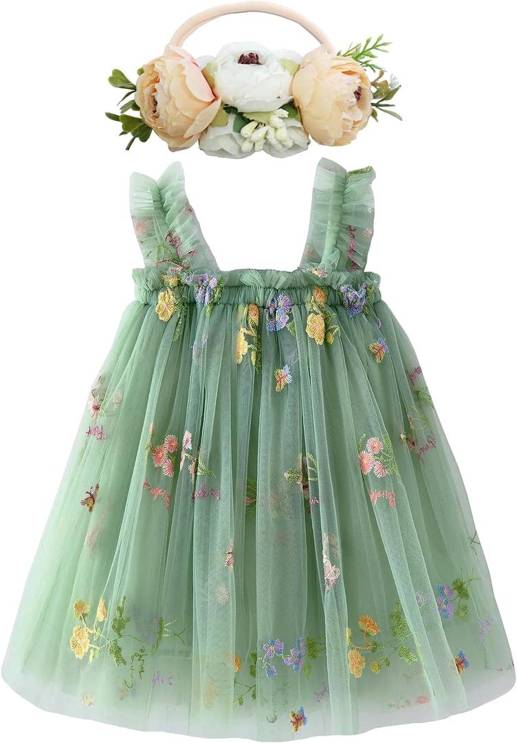 BGFKS Layered Tulle Tutu Dress for Toddler Girls, Baby Girl Rainbow Tutu Princess Skirt Set with Flower Headband.(Flower Green, 3T)