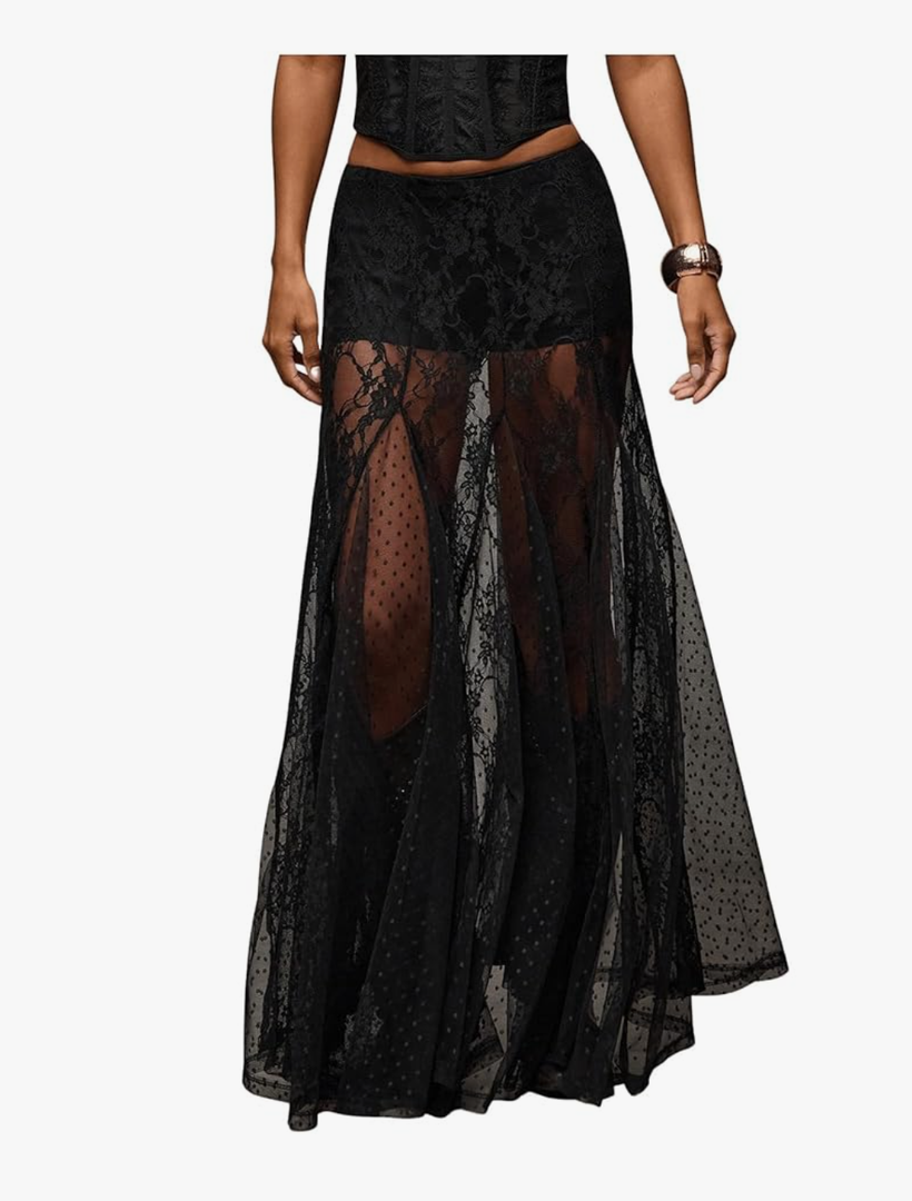 WDIRARA Women's Sexy See Through Sheer Lace Maxi Skirt Low Waist Ruffle Hem A Line Flowy Skirt S Black