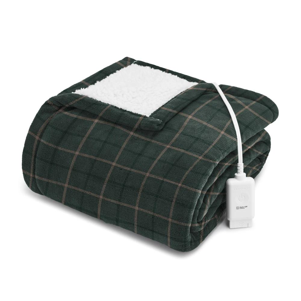 Sunbeam Oversized Microplush & Sherpa Heated Throw - Green Plaid, 60 x 70 in