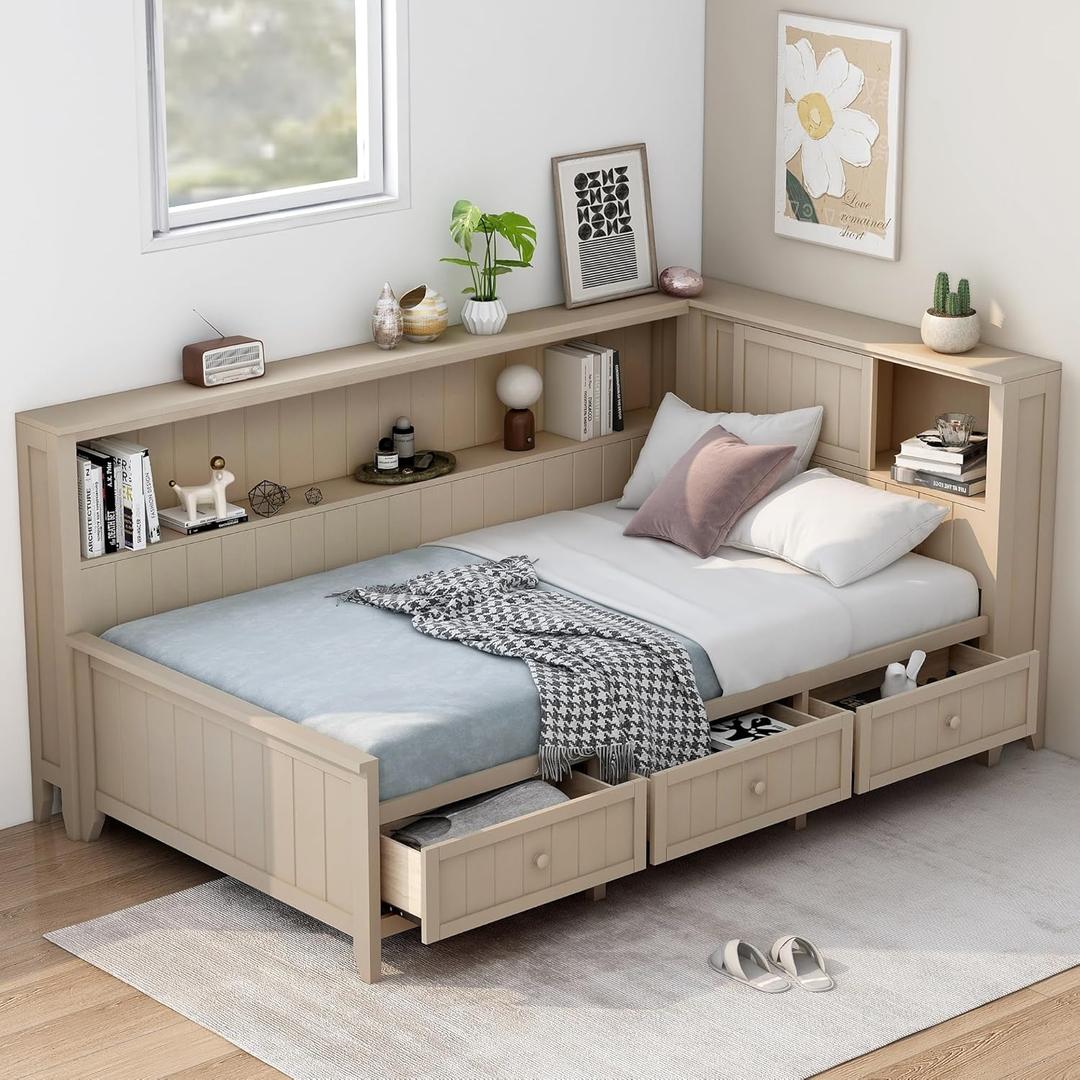Ball & Cast Twin Size Wooden Storage DayBed, Modern Platfrom Bed-Frame with 3 Drawer & Shelves & Sliding Doors, L Shape Floor Bed w/Storages for Girls Boys Teens, No Box Spring Needed, Antique Beige