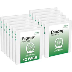 Office Essentials Economy View 3 Ring Binders, 0.5" Round Rings, 0.7" Spine, 100-Sheet Capacity, White Binders
(12-Pack of 03422)