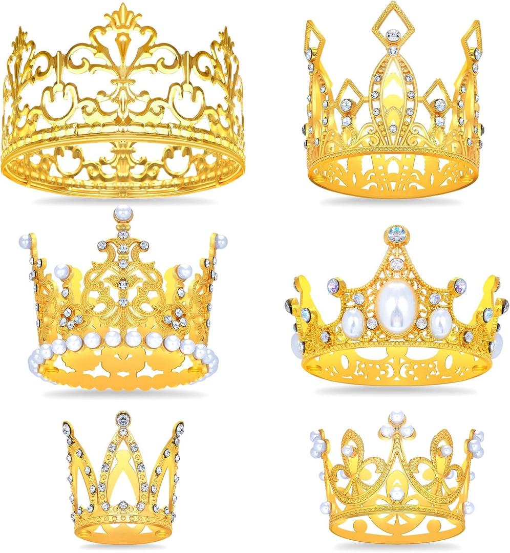 JOERSH 6PCS Crown Cake Toppers, Mini Gold Crown for Flower Bouquet of Valentine's Day, Crystal Pearl Vintage Tiara Queen Princess Theme Cake Decoration for Birthday Wedding Party Decor