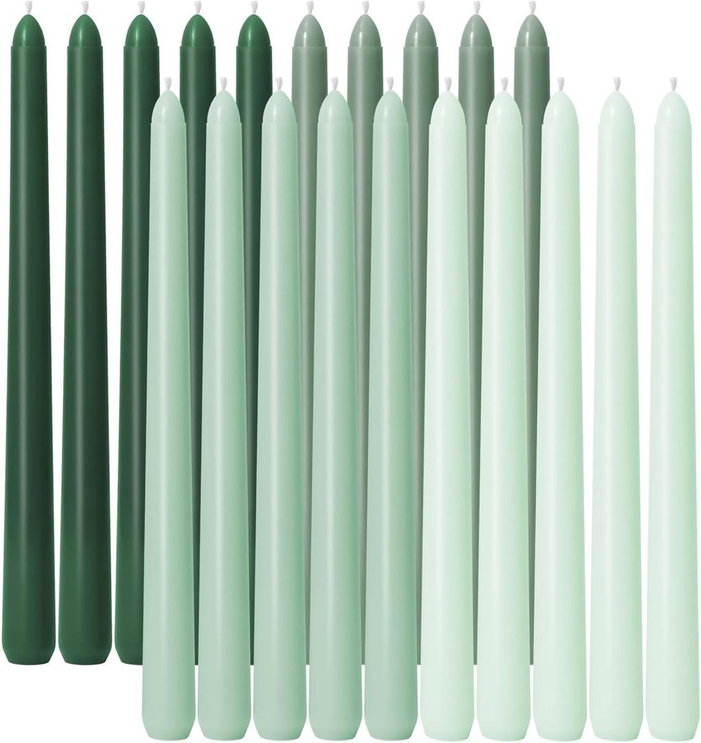 Viyffo 10 Inch Taper Candles-20 Pack Green, Unscented, SmokelessUp to 8 Hour Burn  Long Tall Tapered Candlesticks for Wedding, Dinner, Holiday, Party, Home Decor Natural Color Series