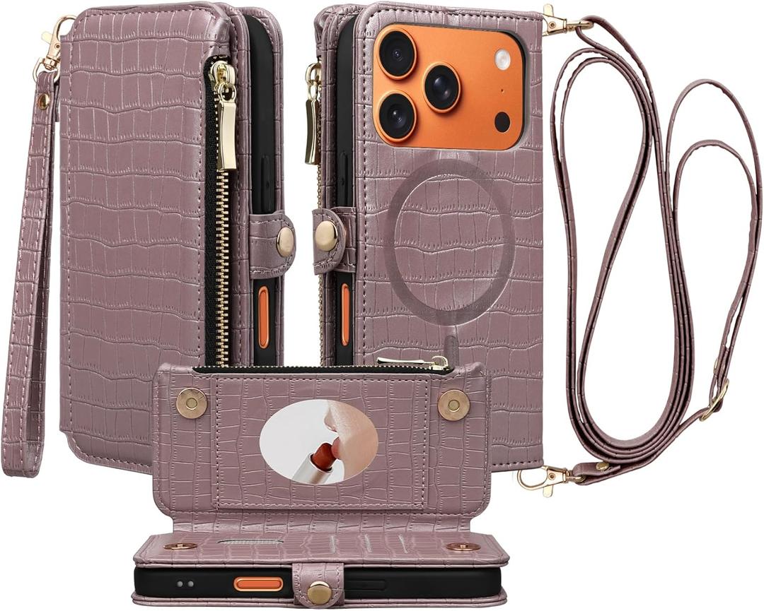 Crossbody Wallet Case for iPhone 17 Pro with Mirror, Wrist Strap, Zipper Purse Magnetic Flip, RFID Blocking Card Holder, Wireless Charging, PU Leather Shockproof 6.3" Women (Rose Gold)