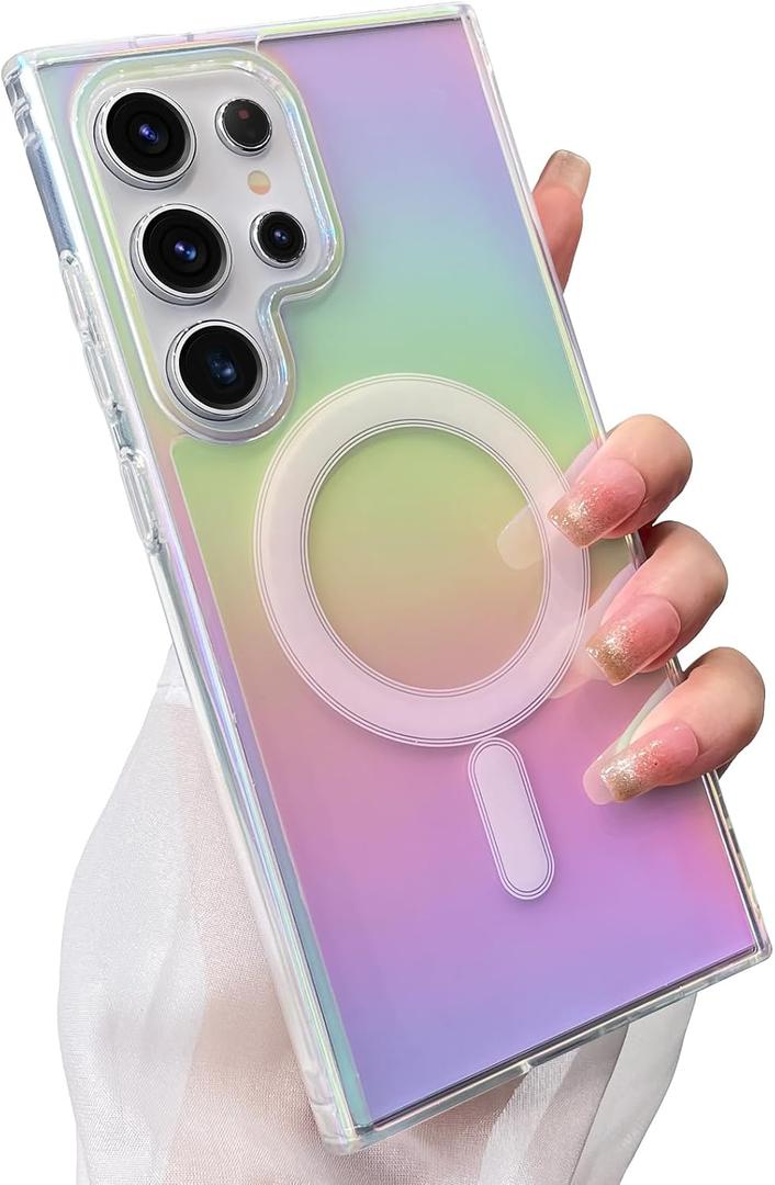SAKUULO Magnetic Case for Samsung Galaxy S22 Ultra Compatible with Magsafe, Bling Laser Iridescent Florescent Crystal Sparkly Luxury Shockproof Protective Cover for Women Men