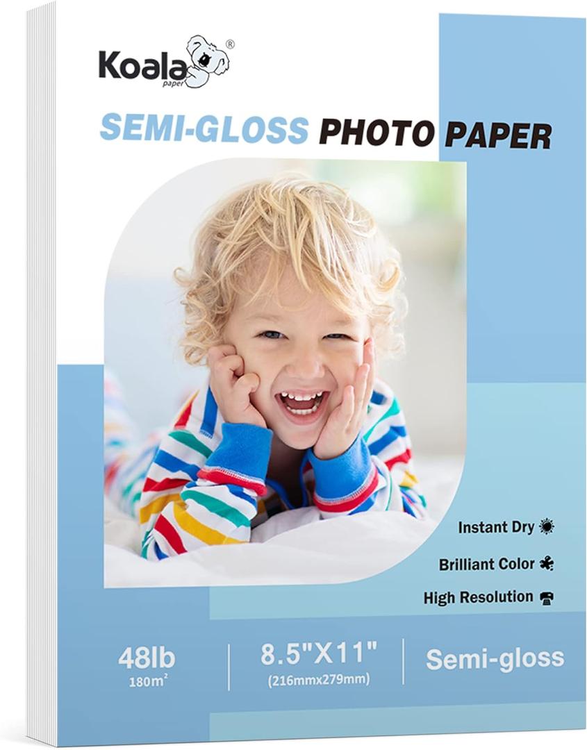 Koala Semi-Gloss Photo Paper 8.5X11 Inches 100 Sheets for Inkjet and Laser Printers Use DYE INK 48LB 180gsm Professional Paper