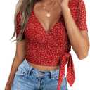Crop Tops for Women Summer Cute Tops with Deep V Neck Shirts Sexy Unique Cross Wrap Slim Fit Tie Up Front Short Sleeve (Medium, 204-red Floral)