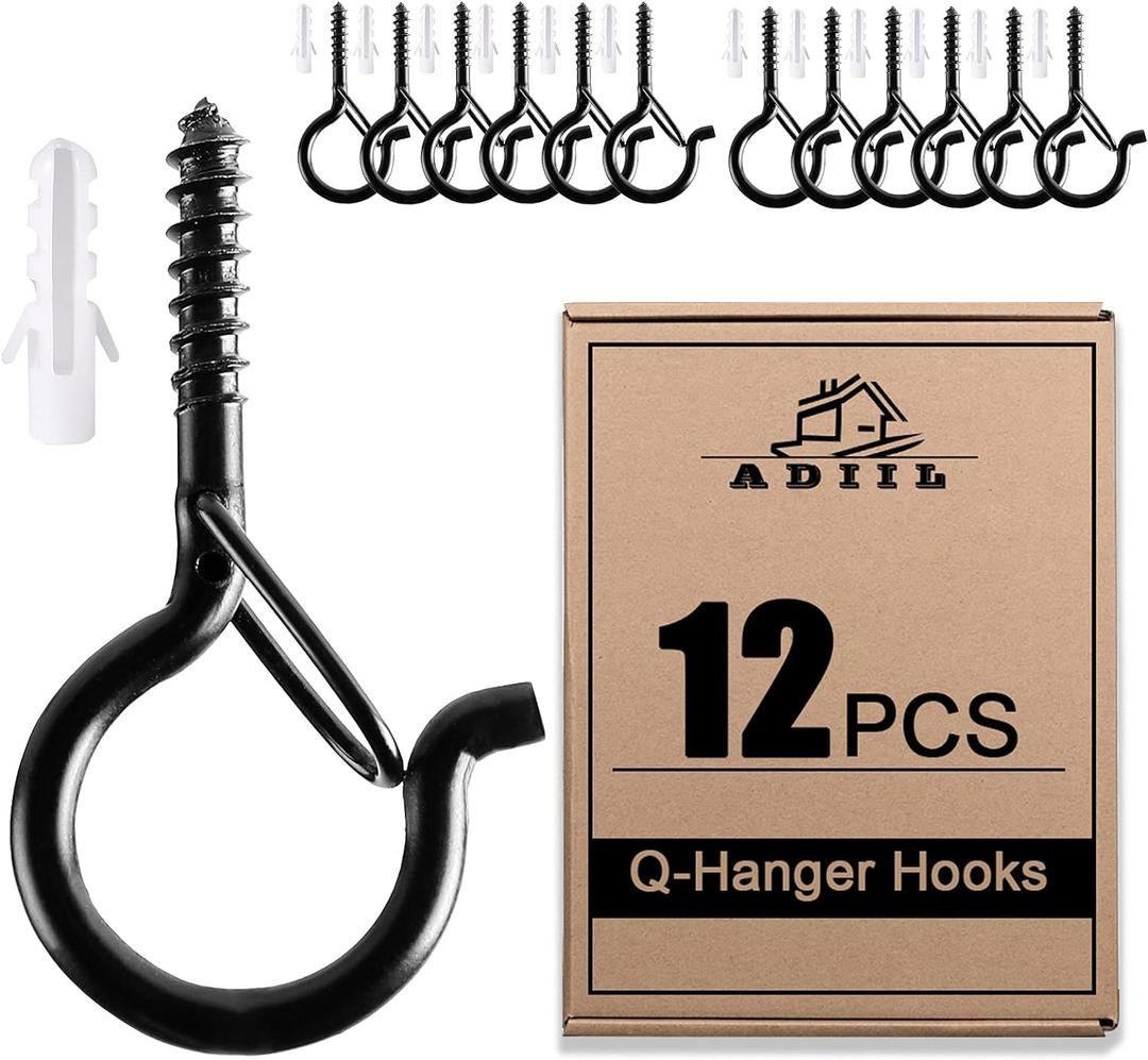 ADIIL 12 PCS Q Hanger Hooks with Safety Buckle, Windproof Screw Hooks for Hanging Outdoor String Lights, Plants, Christmas Patio Lights, 2.2 Inches, Black