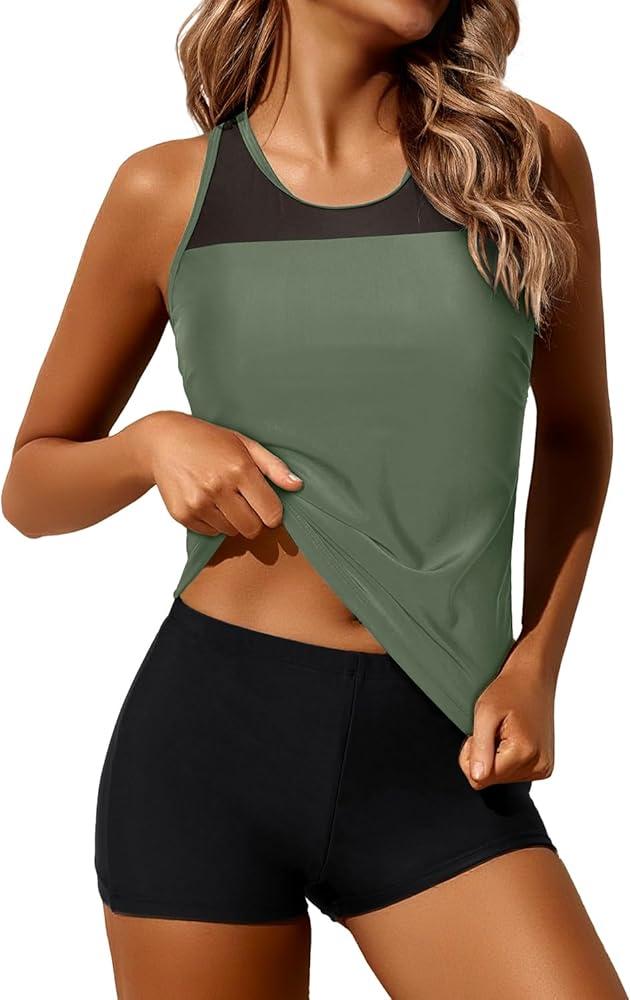 Yonique Women's Two Piece Swimsuits with Shorts Modest Tankini Bathing Suits Racerback Swim Tops Short Athletic Swimwear Green, XL