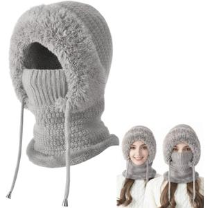 3 in 1 Beanie Hat with Scarf and Mask for Women, Winter Ski Mask & Neck Gaiter Set, Knitted Balaclava Hats for Cold Weather Gray (Gray)