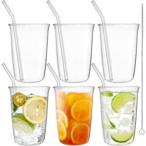 6 Piece Drinking Glasses, 16 Oz Clear Water Glass Set with Straws, Lead-free Highball Glass Cup Kitchen Glassware for Juice, Beverage, Cocktail, Ice Tea, Coffee, Soda