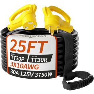 PlugSaf 25 FT 30 Amp RV Extension Cord Outdoor with Grip Handle, Flexible Heavy Duty 10/3 Gauge STW RV Power Cord Waterproof with Cable Organizer, NEMA TT-30P to TT-30R, Black-Yellow, ETL Listed