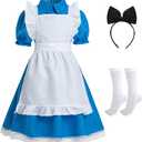 Blue Dress Halloween Costume Set for Girls with Apron, Bow Hair Band and Striped Stockings (1307-8Yeras)