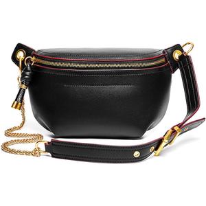 Women Chain Strap Cross-body Bags Genuine Leather Waist Bag with Zipper Closure for Daily (Black)