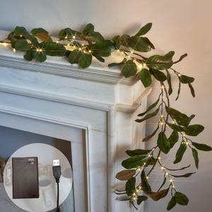 LITBLOOM Faux Magnolia Garland with Lights 6FT Battery Operated with Timer or USB Plug in, Lighted Greenery Garland with 80 Fairy Lights for Home Fireplace Mantle Holiday Decoration Inside