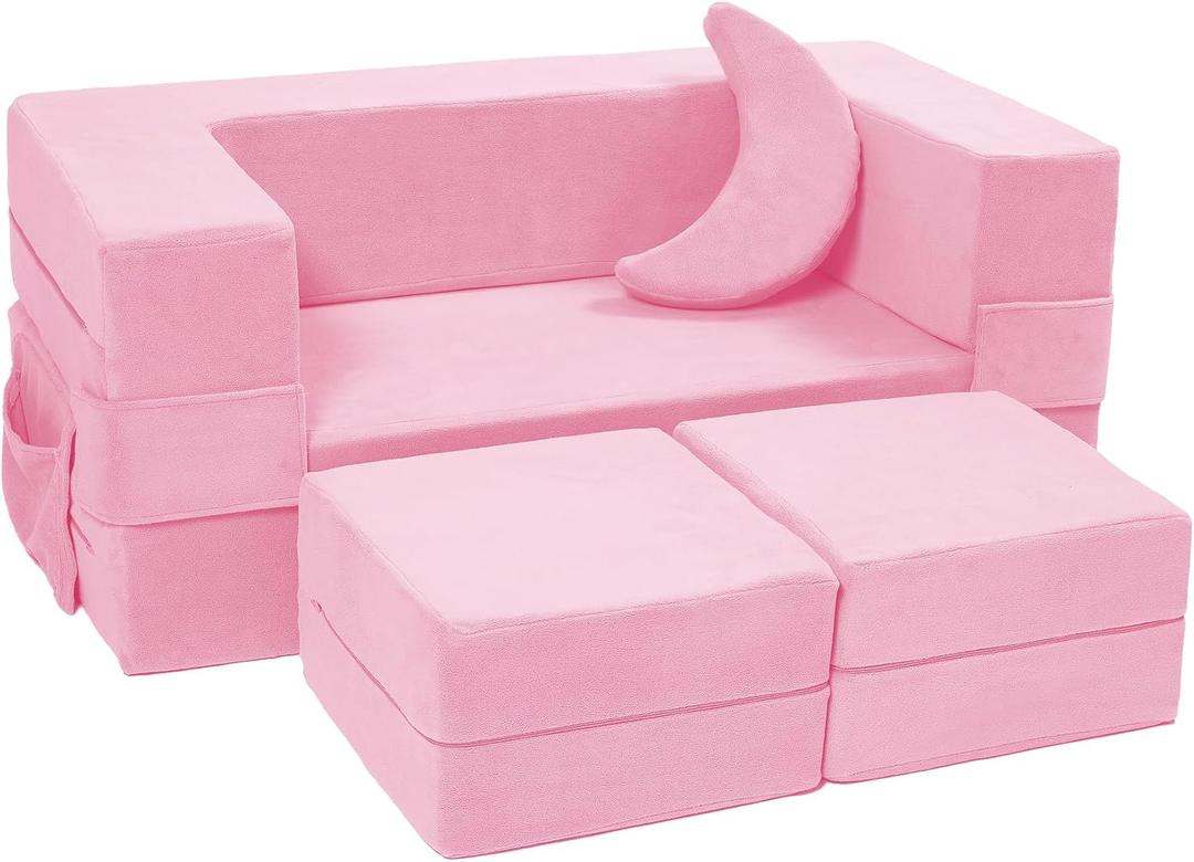 Modular Kids Sofa,Toddler Couch Foam Armchair for Kids, Children Convertible Plush Sofa Play Set,Fold Out SofaBed(Pink)