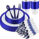 210 Pcs Blue Plastic Dinnerware Set for 30 Guests - Includes 30 Set of Dinner Plates, Dessert Plates, Clear Plastic Cups, and Blue Pre-Rolled Napkins with Cutlery Set, Disposable Party Supplies