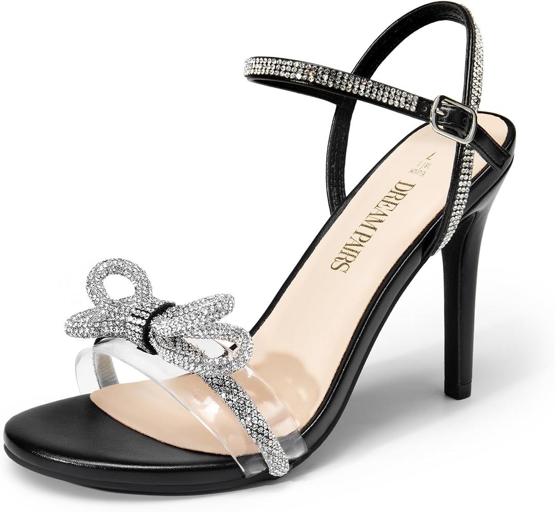 DREAM PAIRS Women's Heels Round Toe Rhinestone Double Bowknots Sparkly Stilettos Heeled Sandals Shoes for Party Evening (9, Black-pu)
