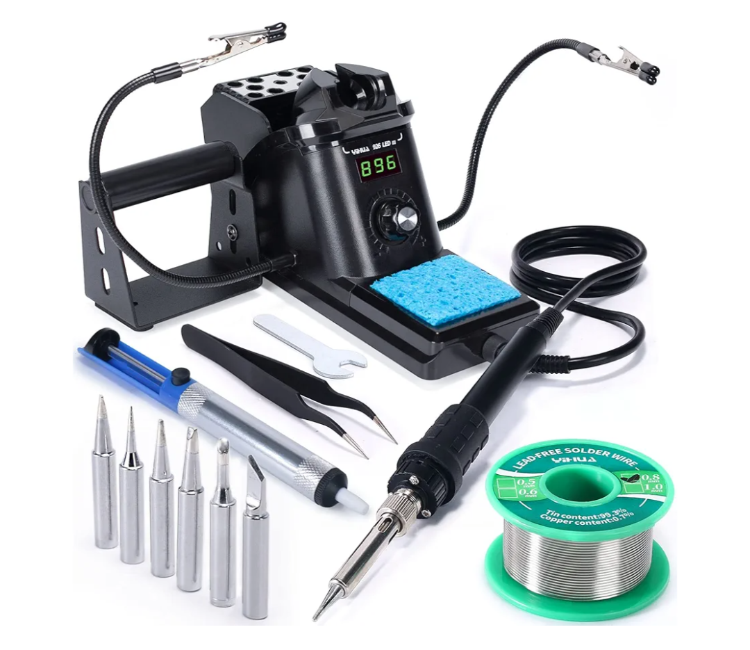 YIHUA 926 III 60W Digital Display Soldering Iron Station Kit w 2 Helping Hands, 6 Extra Iron Tips, Lead-Free Solder, Solder Sucker, S/S Tweezers, °C/ºF Conversion, Auto Sleep & Calibration Support
