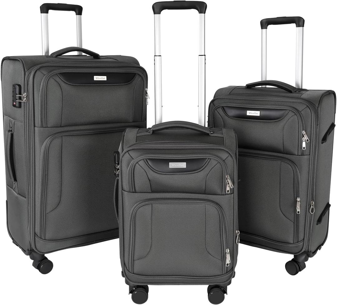 3-Piece Softside Expandable Luggage Set with Front Open Pocket, Lightweight and Durable Oxford Fabric Suitcase Set with TSA Lock (Gray, 20in/24in/28in) (Grey)