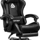 N-GEN GAMING Video Gaming Chair with Footrest Lumbar Support for Home Office High Back Recliner Height Adjustable Ergonomic Comfy Leather Computer Desk Chair (Black), 27.5 inches x 24.5 inches x 50 inches