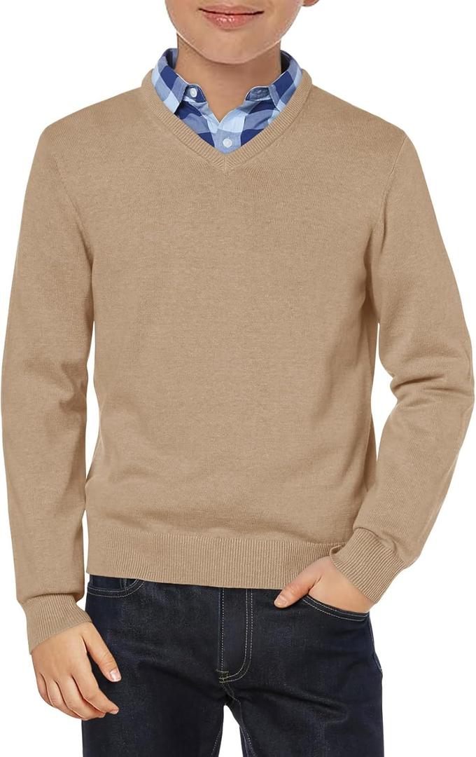 Haloumoning Boys School Uniform Sweater Kids Long Sleeve V Neck Pullover Fall Winter Clothes 5-14 Years (9-10 Years, Khaki)