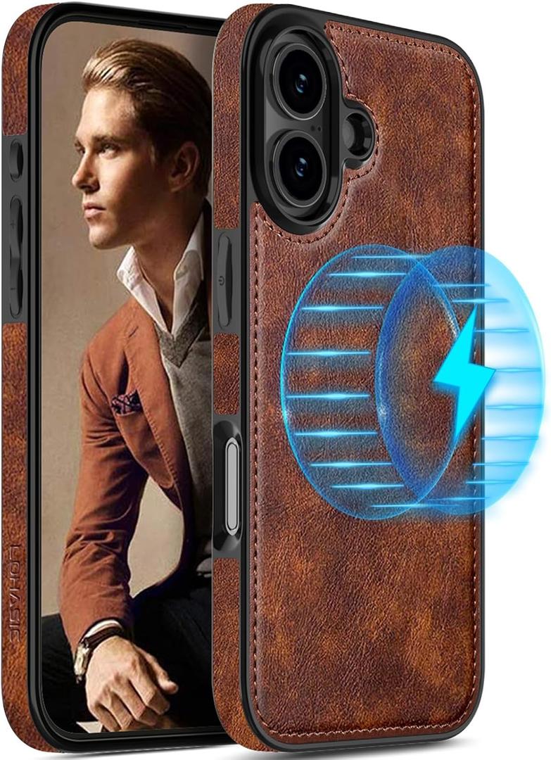 LOHASIC for iPhone 16 Leather Case Compatible with MagSafe, Slim Luxury PU Rugged Non-Slip Grip Shockproof Bumper Full Body Protective Cover Men Women Phone Cases for iPhone 16 5G 6.1" (2024) - Brown