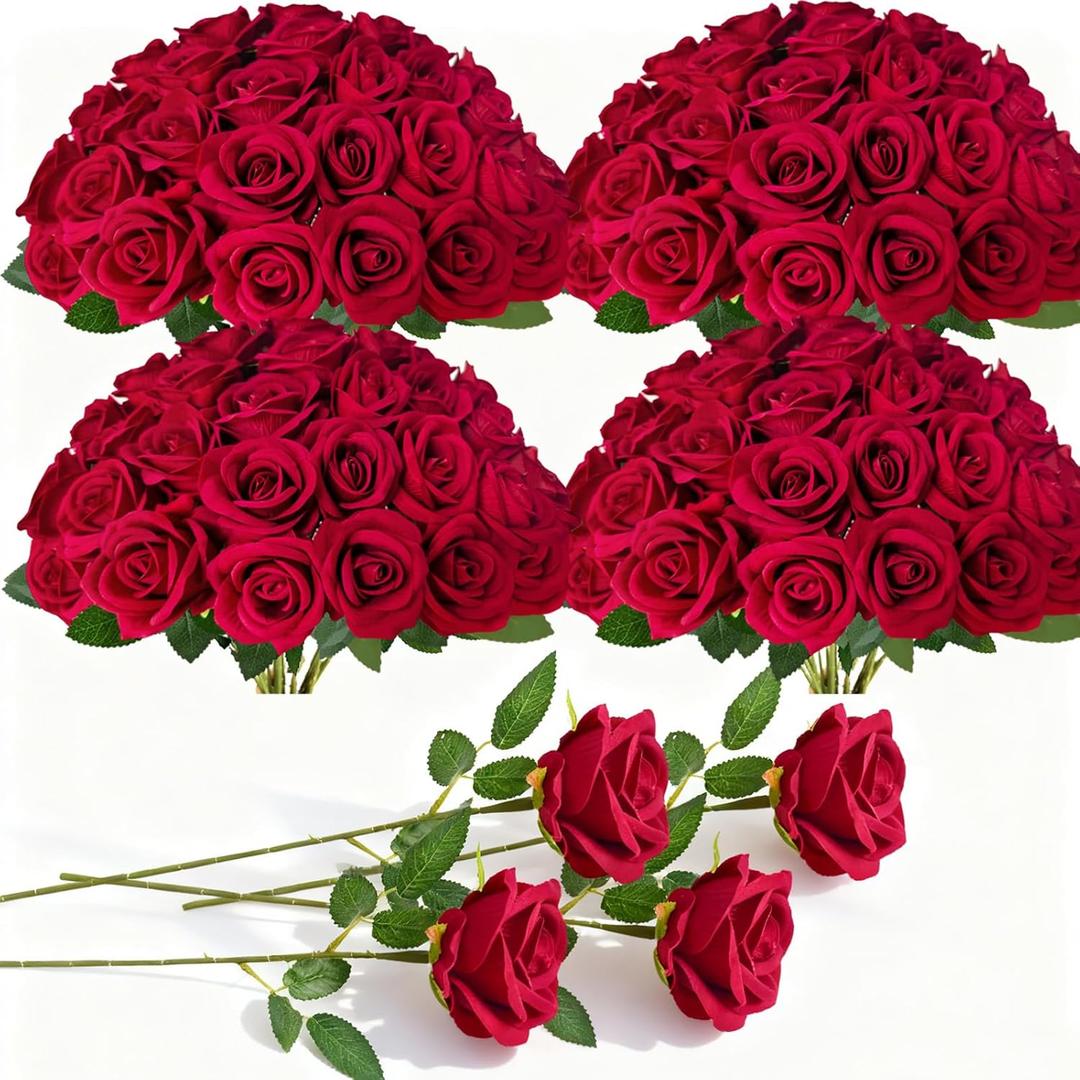 100Pcs Red Roses Artificial Flowers with StemsFake Roses Bouquet Fake Flowers BulkSilk Velvet Roses for Wedding Centerpieces Arrangement Baby Shower Birthday Home Decor Gifts