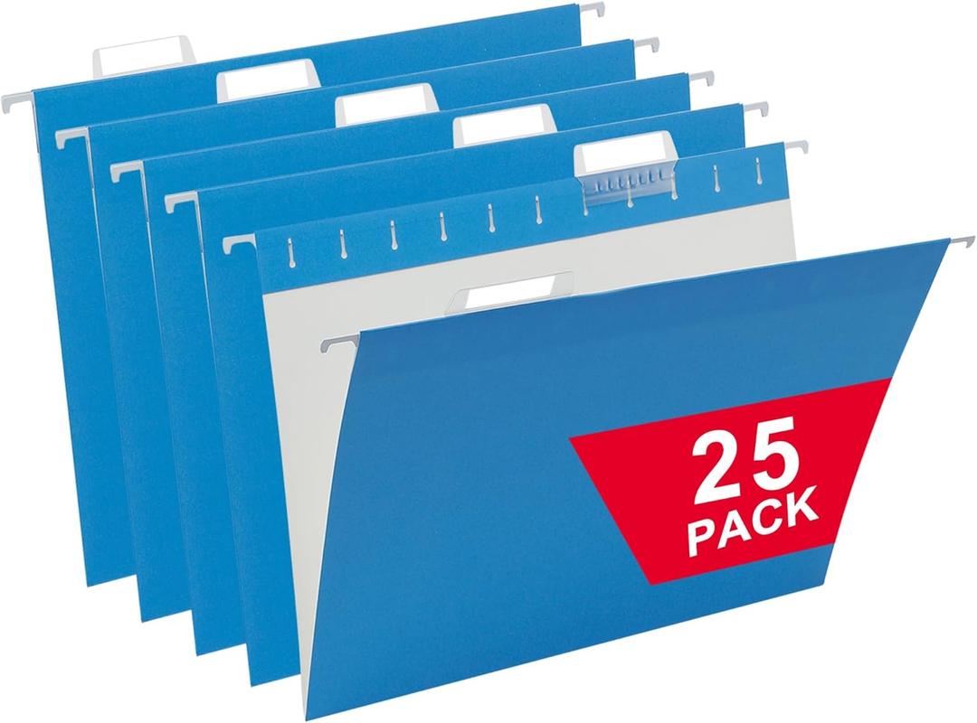 25 Packs Hanging File Folders, Blue Letter Size File Folder, Designed for Bulky Files, Filing Cabinet,1/5 Adjustable Cut Tabs for Office, School, Home