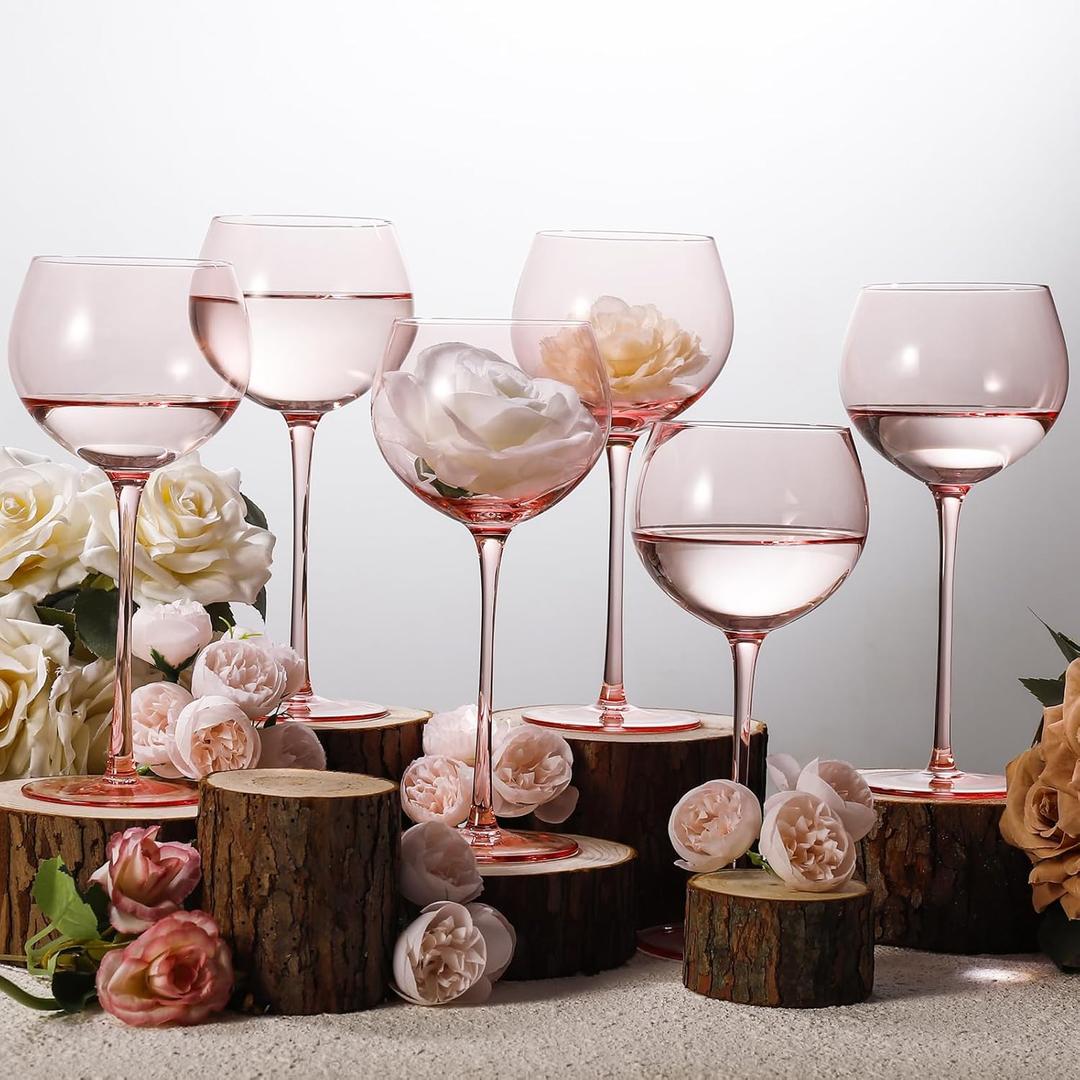Balloon Shaped Pink Wine Glasses Set 6-15oz Hand Blown Morandi Pink Crystal Glassware with Long Stem,Red White Wine Stemware Gifts for Mother's Day,Wedding,Party,Home Deco