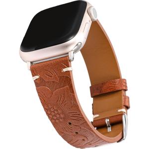 Wearlizer Retro Floral Relief Band Compatible with Apple Watch Bands 41/40/38/4245/44/42/46/49mm, Soft Leather Western Vintage Classical Strap for Women iWatch Series 11/10/9/8/7/6/5/4/3/2/1/SE/Ultra