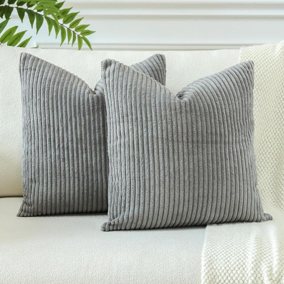 OTOSTAR Pack of 2 Throw Pillow Covers 18 x 18 Inch Soft Corduroy Decorative Square Solid Striped Cushion Case Couch Farmhouse Home Boho Decor Throw Pillows for Sofa Bed Living Room (Grey)